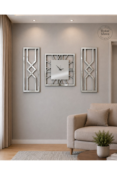 EYKA STORE Dekoratif 3 Lü Set Pleksi Aynalı Şık Duvar Saati Ve Dekoru 3 lü Set