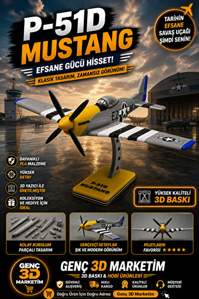 Genç 3D P-51D Mustang Model Uçak | Koleksiyonluk Dekoratif Maket | 3D Tasarım