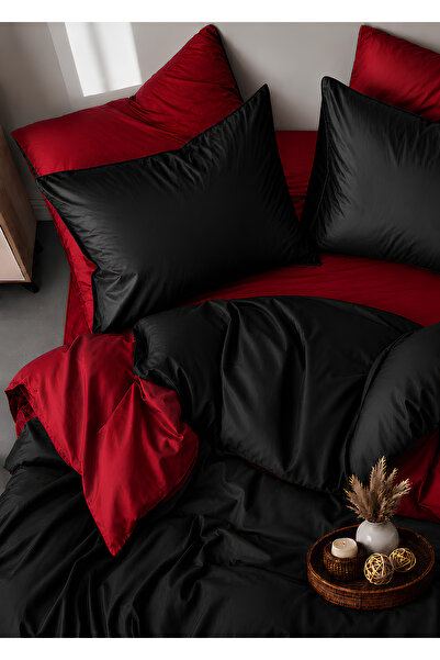remtex 100% Cotton Satin Double-Sided Design Black Red Double Duvet Cover Set