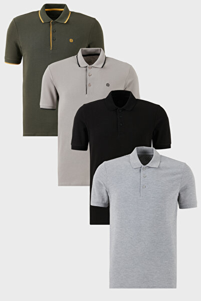 Buratti Pamuklu Regular Fit Düğmeli Polo Yaka 4'lü Paket T Shirt Erkek POLO Y...