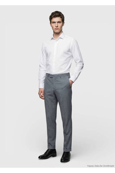 Ramsey Pantaloni gri țesuți, croială normală, casual, 100% lână