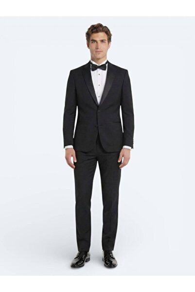 Kip Siyah Düz Slim Fit Kruvaze Yaka Dokuma Smokin Takım Elbise