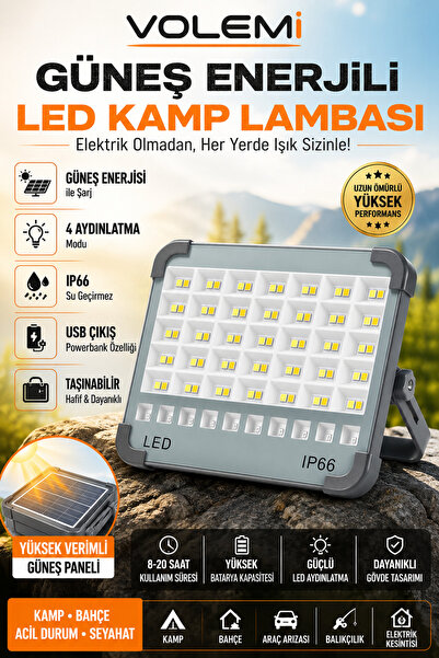VOLEMİ Güneş Enerjili Powerbank Özellikli Solar Projektör Bahçe Aydınlatma Ka...