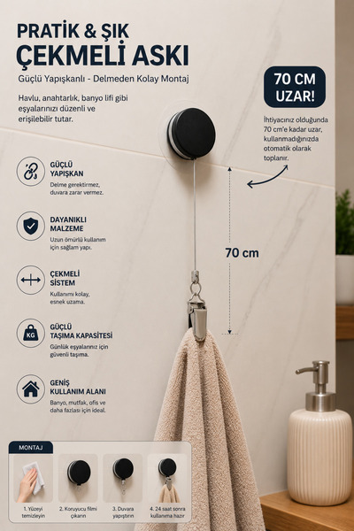 MİMOZA PARK Practical 70 cm Extendable 3m Adhesive Cloth Sponge Holder Spring...