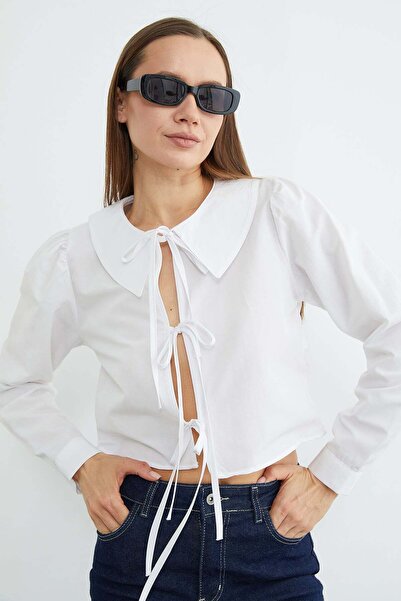 Fulla Moda Önden Bağlamalı Bebe Yaka Crop Bluz