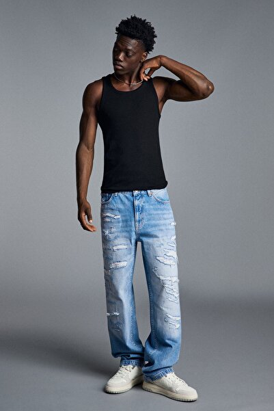Bershka Yırtık detaylı wide leg straight fit jean