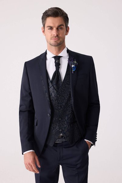 Ysf Erkek Lacivert Çıkma Şal Yaka Slim Fit Damatlık