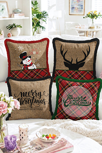 Realhomes Merry Christmas Written Deer and Snowman Plaid Patterned 4-Piece Fr...