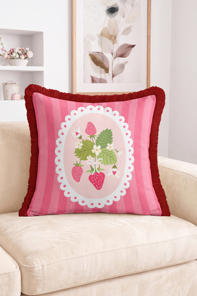 Realhomes Strawberry and Leaf Motif Oval Frame Illustrated Striped Retro Frin...