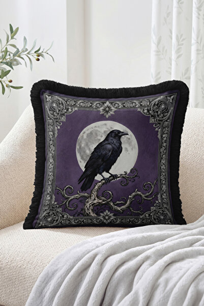 Realhomes Purple and Black Fringed Throw Pillow Cover with Raven Figure in Fr...
