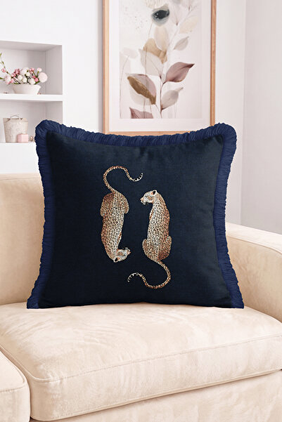Realhomes Navy Blue Floor Fringed Throw Pillow Cover with Leopard Figure - Mo...