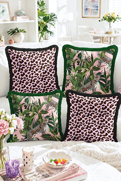 Realhomes Set of 4 Fringed Throw Pillow Covers with Leopard Pattern and Tropi...