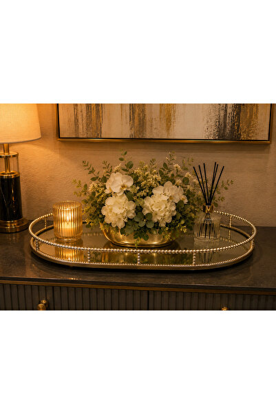 Hinora Oval Metal Mirrored Glass Tray Decorative Presentation Tray Gold 50X30X6