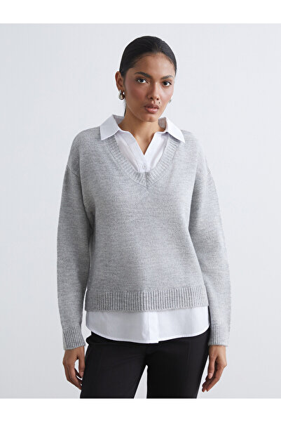 LC Waikiki Nevavm Shirt Collar Women's Knitwear Sweater with Difference in Color