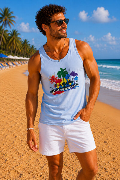 İLKCET MODA Men's Beach Themed Printed Oversize Tank Top
