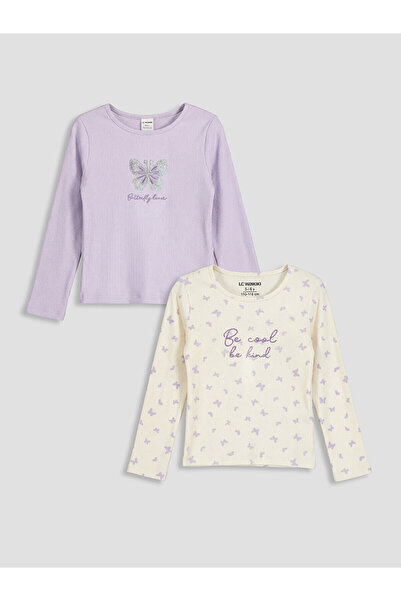 LC Waikiki Trendlucky Girls' T-Shirt with Embroidered Oval Collar, 2-Piece Set