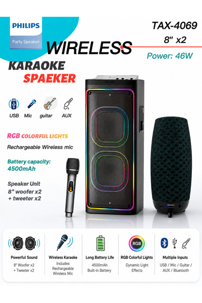 Philips TAX-4069 RGB Laser Light Bluetooth Portable Outdoor Karaoke Speaker w...