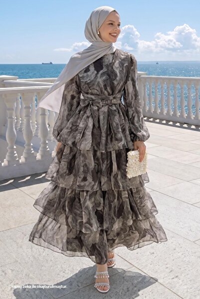 InStyle Φόρεμα με μποέμ μοτίβο και ζώνη σε γκρι απόχρωση