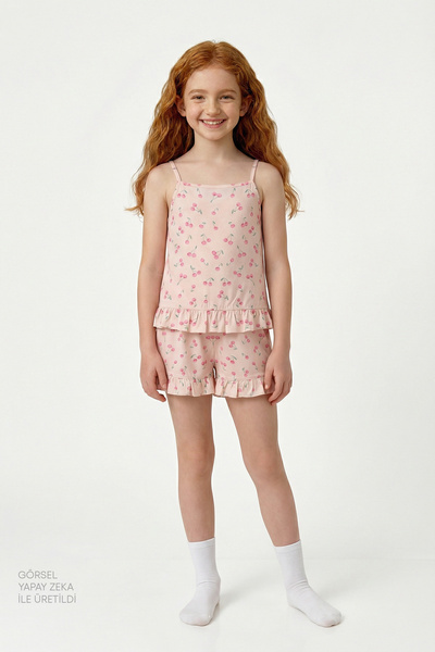 Penti Beigefarbenes Pinky Cherry Kurzarm-Pyjama-Set für Mädchen