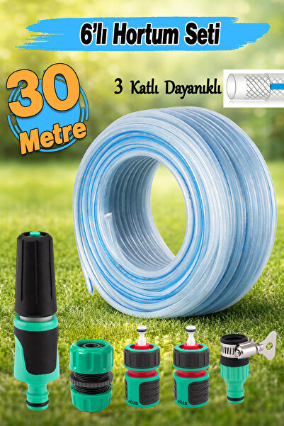 Badem10 (30 Metre) Üç Katlı Şeffaf Sağlam Bahçe Hortumu Çeşme Su Sulama Hortu...