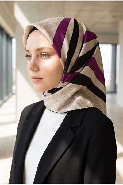 Vissona %100 Twill İpek Monogram Ve Geometrik Desenli Krem - Mürdüm Renkli 90...