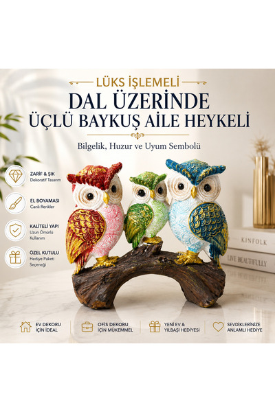 e-life shop Lüks İşlemeli Canlı Renkli Dal Üzerinde 3'lü Baykuş Aile Heykeli ...