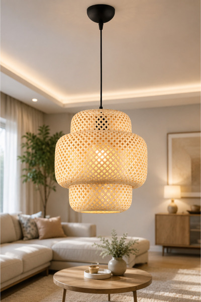 ANGDESİGN Naturel 3 Katlı Hasır Tekli • Rattan Bohem Sarkıt Avize Modern Tasa...