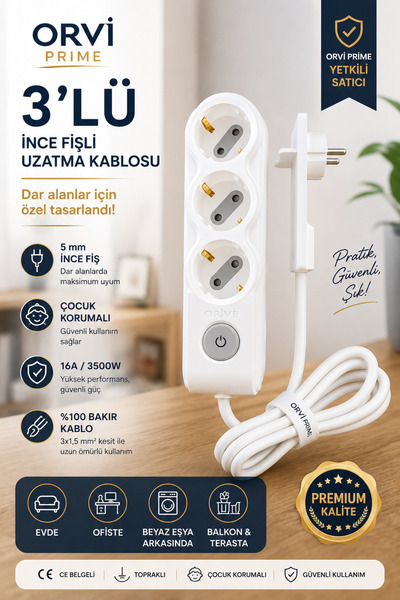 ORVİ prime Yeni Nesil İnce Fişli Grup Priz 3’lü 3 m Düğmeli Topraklı Çocuk Ko...