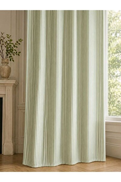 Luxoras Home Çizgili Yeşil Keten Natural Vintage Düz Perde - Fon Perde - Tek ...