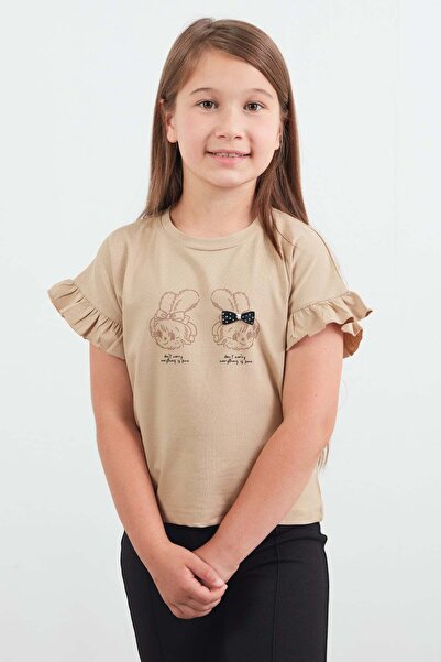 Fulla Moda Tavşan Baskılı Kolu Fırfırlı Kız Çocuk Tişört