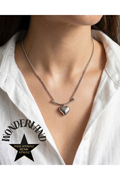 stainless steell 316L Steel Silver Bar Hanging Heart Women's Necklace 43+7 cm...