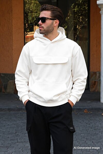 Madmext Ecru Hooded Fleece Men's Sweatshirt with Flap Pocket Detail 7097