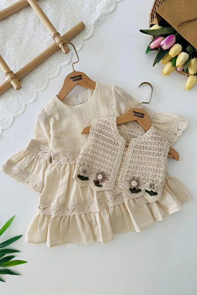 Minigimin Cicileri Miniğimin Cicileri Lace Detailed Knitted Vest Girls' 2-Pie...