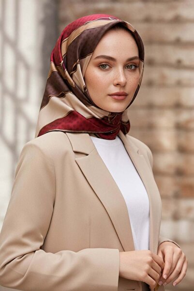 Vissona وشاح حريري 100% بنقشة منقطة وهندسية باللون العنابي - لون المنك 90×90 ...