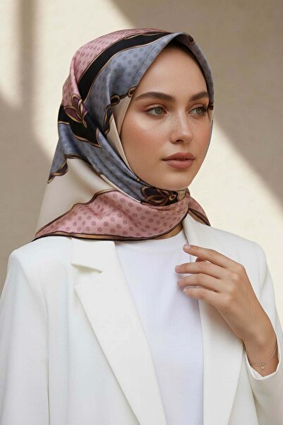 Vissona وشاح حريري 100% بنقشة منقطة وهندسية - لون رمادي 90×90 سم شكل الخياطة:...