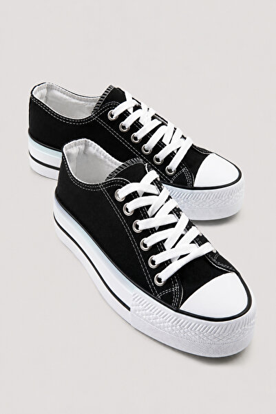 Ccway Women's Thick Soled Linen Sneakers Black White