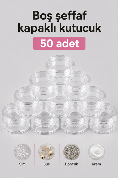RNK BEAUTY Plastik Boş Sim Süs Boncuk Krem Kutusu - Kapaklı 50 Adet 5GR