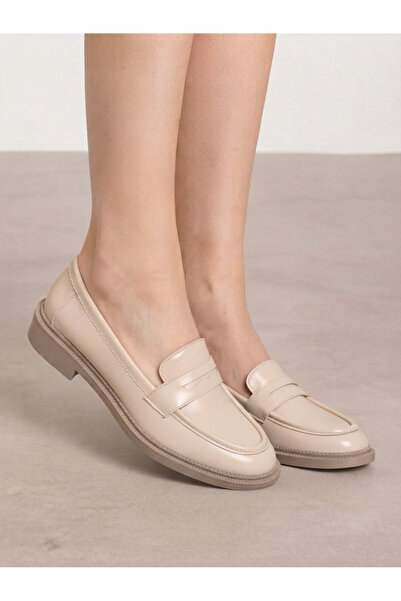 İmerShoes Daily Women's Beige Flat Loafer Classic Patterned Sole Chain Oval T...