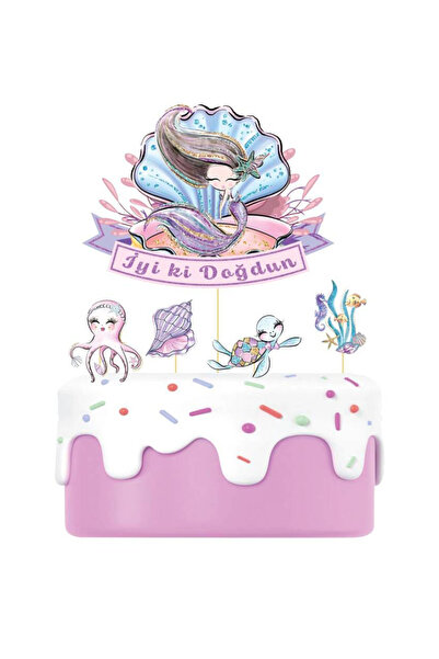 Le Mabelle Lilac Underwater Themed Happy Birthday 5-Piece Toothpick Cake Deco...