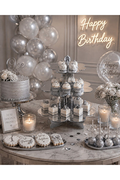 Cansüs 3 Katlı Metalize Karton Cupcake Standı Gümüş