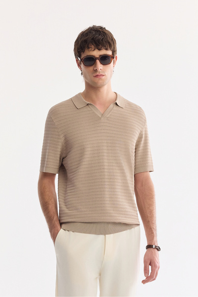 Avva Men's Mink Polo Collar Buttonless Textured Knitwear Regular Fit T-Shirt ...