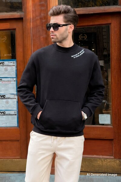 Madmext Black Crew Neck Sweatshirt with Embroidery Detail and Pockets for Men...