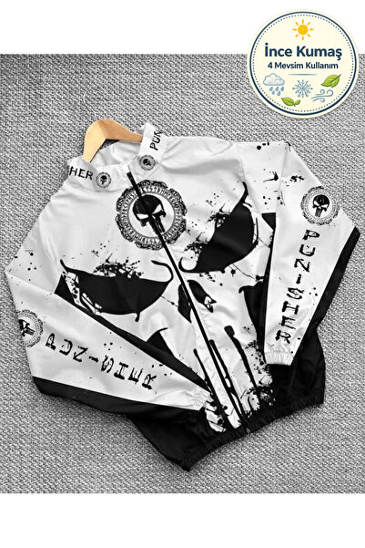 Lushen Kuru Kafa Punisher Siyah Beyaz Oversize Unisex Motorcu Yağmurluk Rüzga...