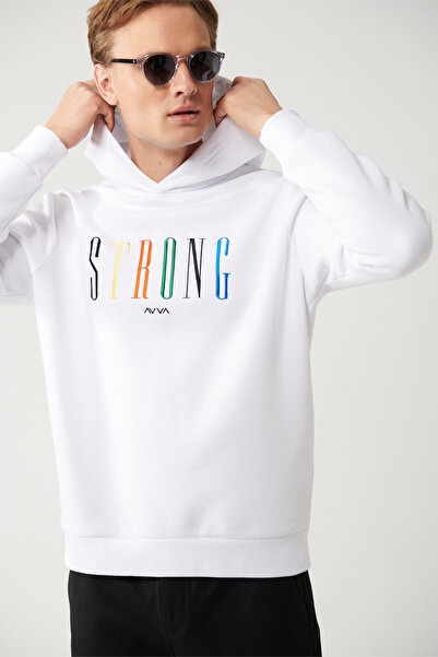 Avva Men's White Hooded 3 Thread Raised Embroidered Sweatshirt A32Y1380