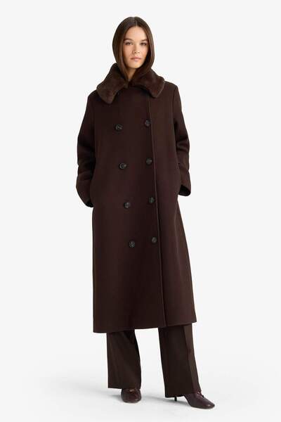 DeFacto Afra X Detachable Faux Fur Collar Regular Fit Buttoned Long Cashmere ...