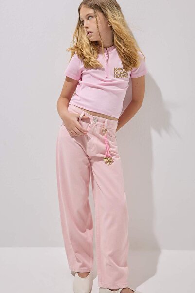 DeFacto Barrel Fit Flexible Banded Leg Gabardine Light Pink Trousers for Girl...