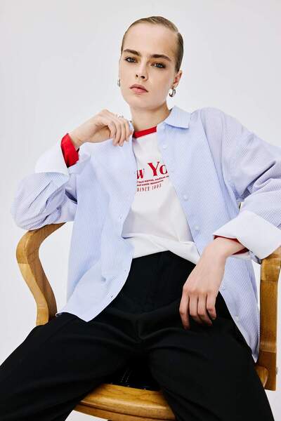 DeFacto Oversized Striped Oxford Long Sleeve Light Blue Shirt I3121Ax26Au