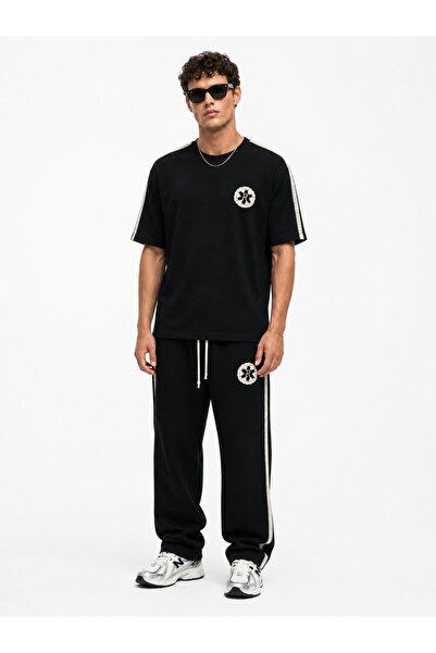 Respire Men's R Embroidered Stripe Detailed Regular Fit Tracksuit Set Black