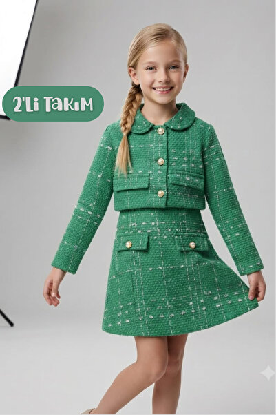 Hilal Akıncı Kids Set 2 piese pentru fete, jachetă scurtă și fustă, cu nastur...