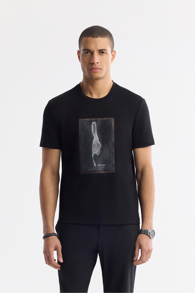 Avva Men's Black Crew Neck Printed Bi-Stretch Interlock Regular Fit T-Shirt A...